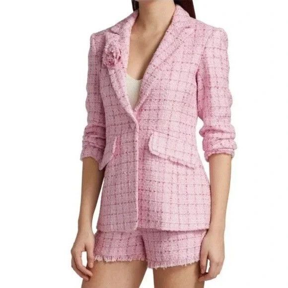 Cinq a Sept Pricilla Size 8 Pink Tweed Blazer Jacket Half-Length Rolled Sleeves - Picture 13 of 13
